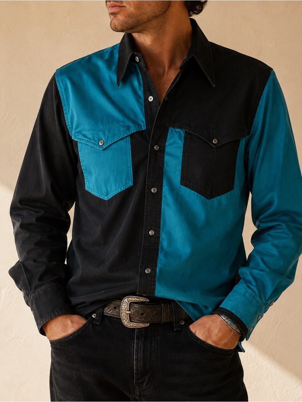 Vintage 90s Gil Adam Western Shirt Large Black Turquoise Colorblock Cowboy